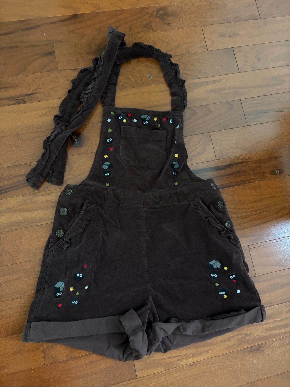Her Universe Dark Brown Corduroy Short Overalls with Embroidered Accents